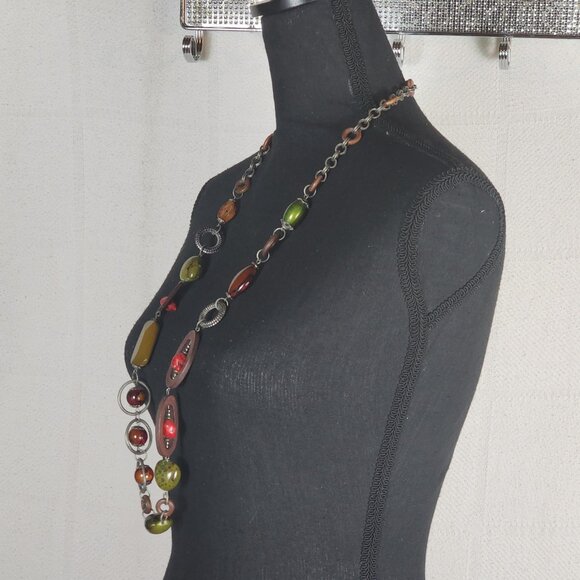 Chico's Vtg Red Green Earth Tone Mix Media Wood Metal Circle Square 38" Necklace - Picture 6 of 16